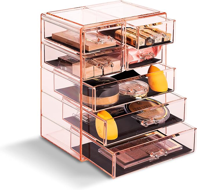 Sorbus Acrylic Makeup Organizer Set, 7-Drawer Vanity & Countertop Cosmetic Storage with Small & Wide Drawers, Pink Makeup Storage for Brushes, Lipsticks, Jewelry – Holiday Gift for Women & Teens