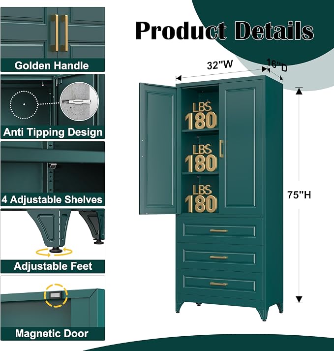 SteeLoong 75" Metal Storage Cabinet with Doors and 2 Adjustable Shelves | Kitchen Pantry Cabinet with 3 Drawers,Green Kitchen Cabinet with 2 Gold Handles,Food Cupboard for Livingroom,Pantry, Bathroom