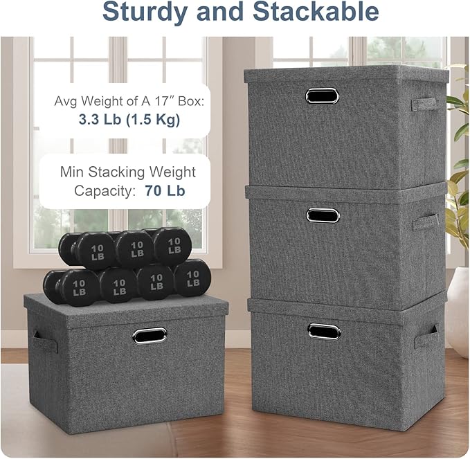Graciadeco Large 17" 36 Quart Collapsible Stackable Storage Bins with Lids, 3 Packs Grey Linen Fabric Closet Boxes with Lids, Storage Cube Baskets Container Organizers for Bedroom Office(17 x12 x11)