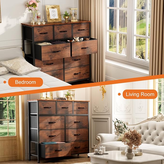 Sweetcrispy 9-Drawer Fabric Dresser Storage Tower with Wood Top and Steel Frame, Organizer Chest with Easy Pull Handles for Bedroom, Closet, Hallway,Distressed Brown