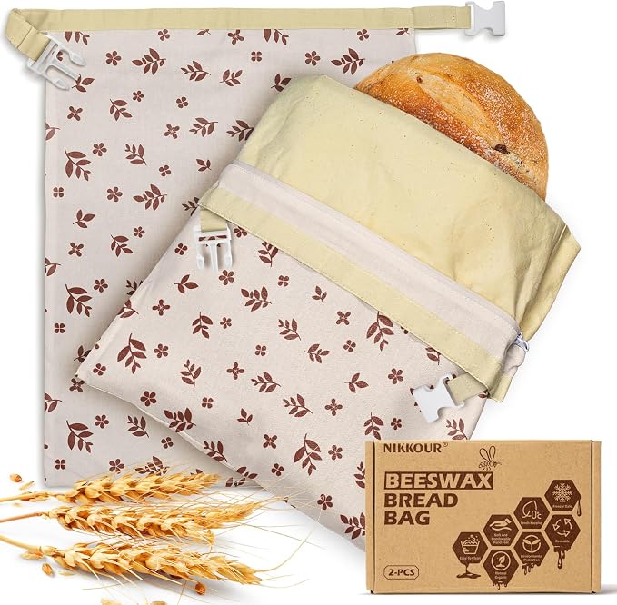 Large Linen Beeswax Bread Bags(2 Pack) Sourdough Bread Bags Reusable Double-Lock Freezer Baking Container Gift Giving for Homemade,Loaf,Sourdough,Food Storage (Vintage Leaf Pattern)