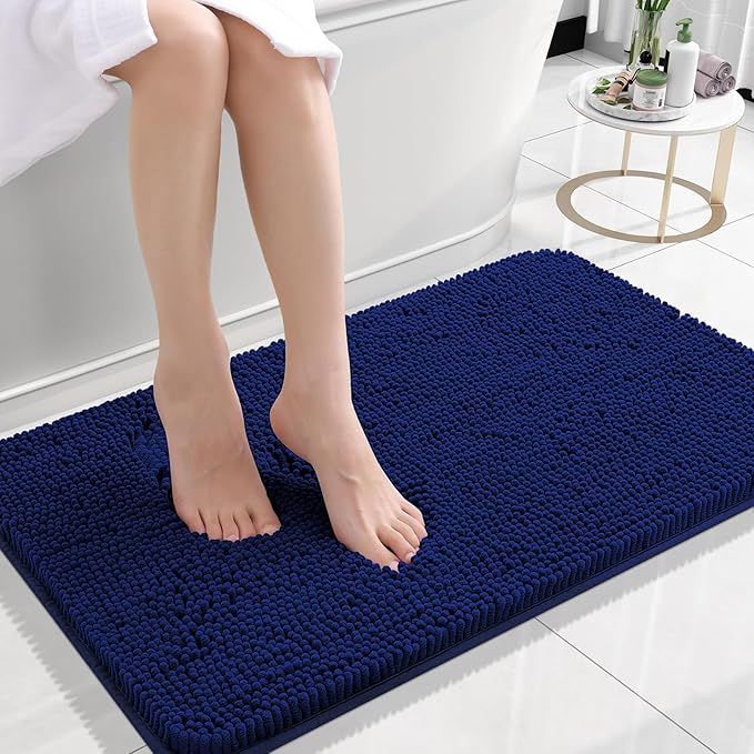 OLANLY Small Bathroom Rugs 24x16, Extra Soft Absorbent Chenille Bath Rugs, Rubber Backing Quick Dry, Machine Washable Bath Mats for Bathroom Floor, Tub and Shower, Home Decor Accessories, Navy