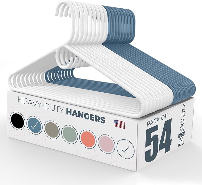 Heavy Duty Clothes Hangers 50 Pack (54 Count) – Made in the USA – 8lb Capacity Plastic Hangers for Adult Clothing – Durable for Pants, Coats, Jackets, or Jeans – White & Blue