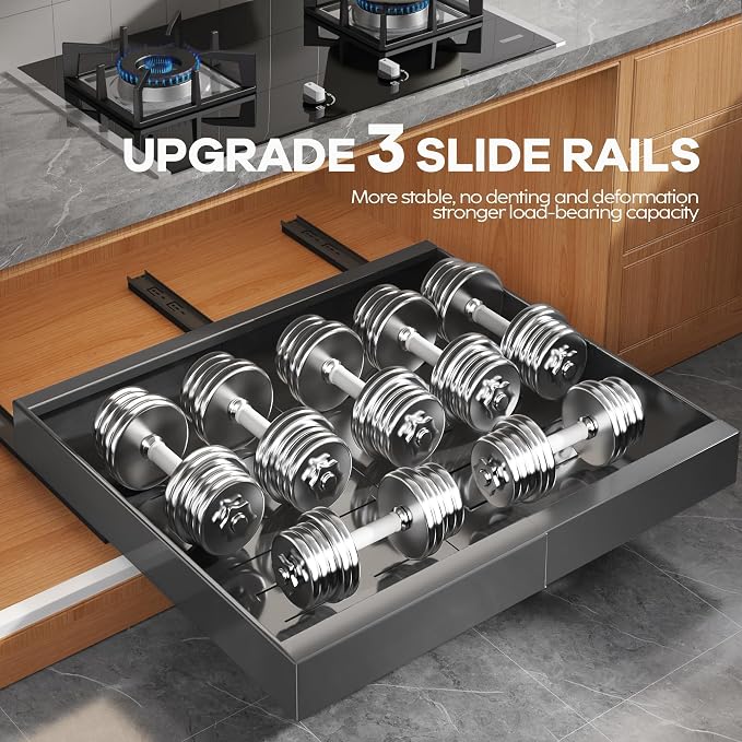 Seinloes 4 Pack Expandable Width (15.15"-26.3") Pull Out Cabinet Organizer 21" Deep with Raising Pad for Framed Cabinets, Upgrade 3 Slide Rails Slide Out Drawers, Roll Out Shelves Adhesive, Black