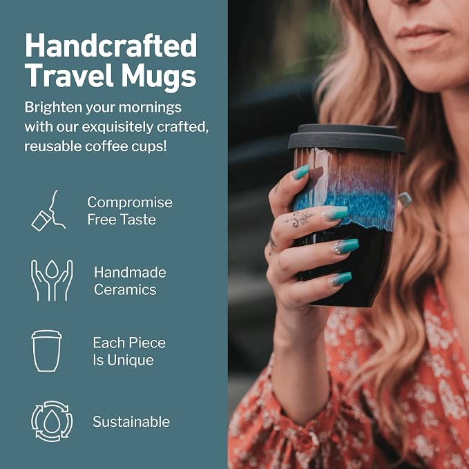 NOVA CERAMICS 12oz Travel Coffee Mug - Unique Microwave & Dishwasher Safe Tumbler With Lid - Gifts For Women & Men