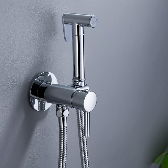 SHAMANDA Warm Water Bidet Sprayer for Toilet with Hot and Cold Brass Rough-in Valve, Stainless Steel Round Handheld Bidet Attachment Set for Feminine, Pets and Baby Diaper Wash, Polished Chrome BDS09