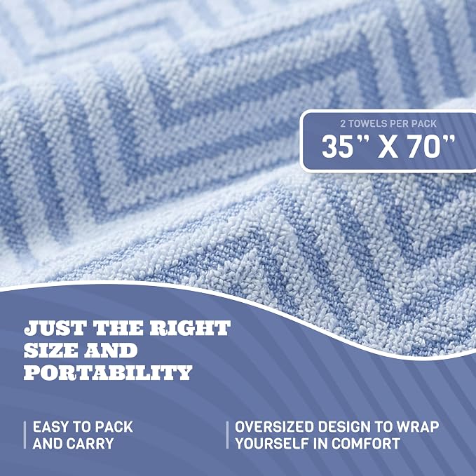 White Classic Cotton Beach Towels Oversized 35 x 70 Inches, Ultra Absorbent and Low Lint Luxury Pool Towels, Chevron Design, Light Blue, 2 Pack
