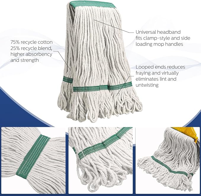 Eccliy 16 Pack Commercial Mop Heads Replacement Heavy Duty 18 oz Loop End Cotton String Wet Mop Refills Washable Absorbent Reusable for Industrial Home Tile Wood Concrete Floor (White,Green)