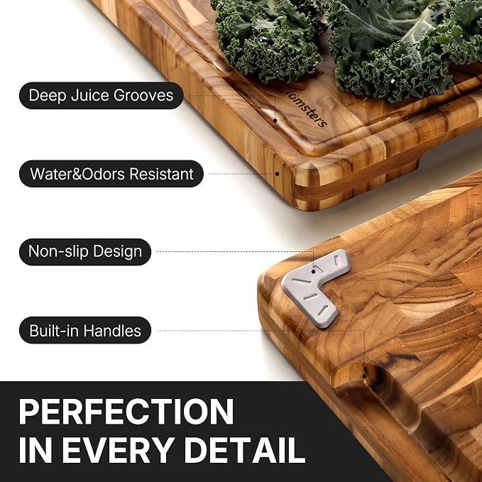 Teak Wood End Grain Cutting Board for Kitchen with Non-slip Feet, Heavy Duty Checkered Cutting Board Upgraded Chopping Board with Juice Groove & Handle Large Wooden Butcher Block with Gift Box