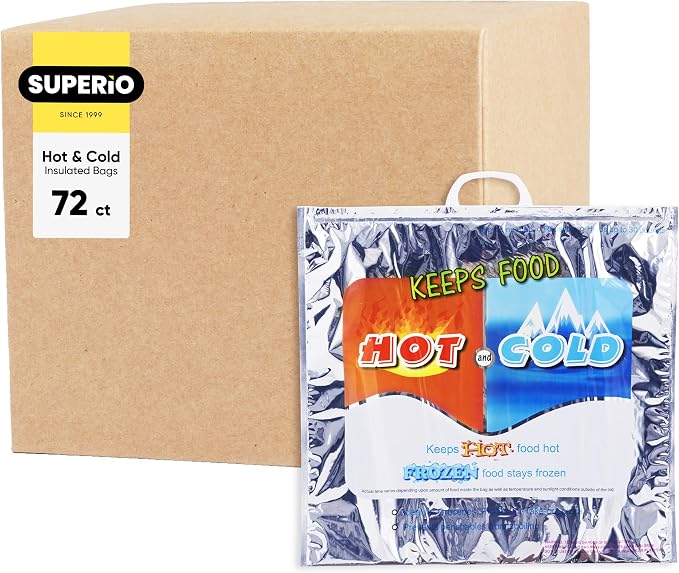 Superio Hot and Cold Insulated Bags for Food Delivery, Grocery Shopping Bags, Food Storage for Hot and Frozen Food for Travel, Disposable Cooler Bag, Reinforced Thermal Lunch Bag (72, 20"x5.5"x19")