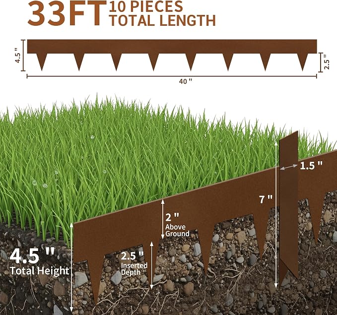 Worth Garden 33ft. Galvanized Steel Landscape Edging - 10-Pack 40" Metal Edging for Landscaping with 11 Stakes, Bronze Powder Coating Hammer-in Lawn Edging for Yard Pathway Divider | Galvanized Steel Bronze Powder Coating Hammer-in Lawn Edging with 11 ...