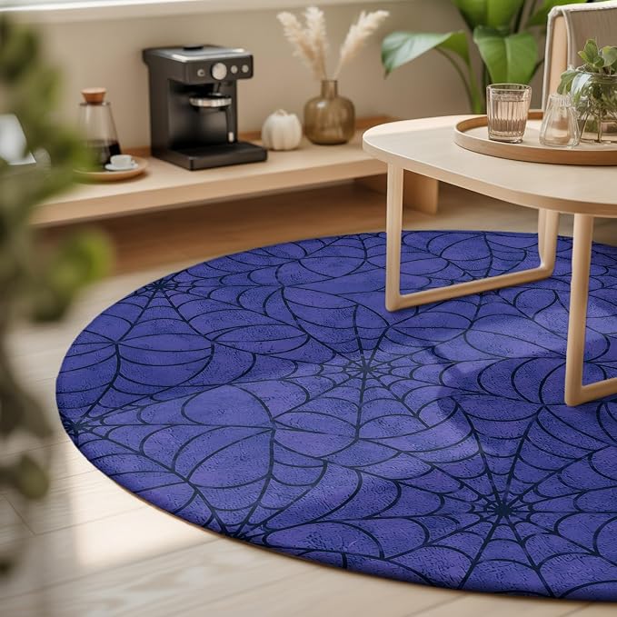 Round Area Rug 6', Navy Blue Halloween Washable Area Rugs for Living Room Kitchen Bedroom Nursery Dining Room, Black Spiders Net Classic Gingham Non Slip Door Mat Indoor Floor Throw Circle Carpet