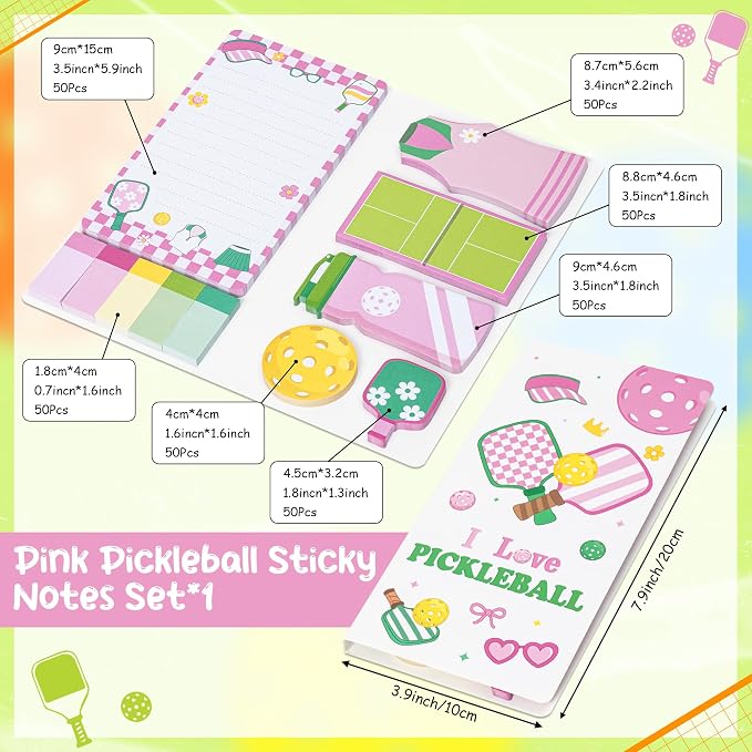 Xqumoi I Love Pickleball Sticky Notes Set - 550 Sheets - Cute Pink Pickleball Self-Stick Notes Pads Sports Divider Tabs Bundle Writing Memo Pads Back to School Office Supplies Small Gift