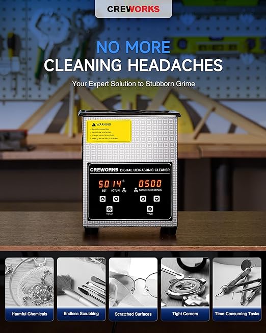 CREWORKS Professional Jewelry Cleaning Machine, 2L Jewelry Cleaning Ultrasonic Machine with Heater & Timer, Digital Sonic Cleaning Machine for Cleaning Denture Dental Irrigator Parts Retainer Glasses