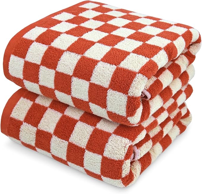 Jacquotha Ultra Soft Bath Towels 2 Pack - 520 GSM Cotton Highly Absorbent | Checkered Towels Set for Bathroom Shower Pool Travel 55" x 28"(Coral)