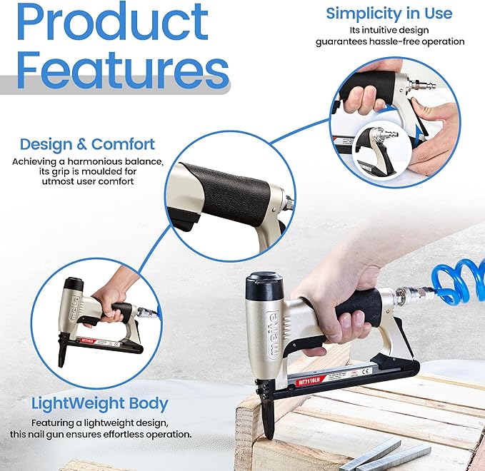 meite MT7116LN Pneumatic Upholstery Stapler 22 Gauge 71 Series 3/8" Crown 1/4" to 5/8" Length Long Nose Stapler