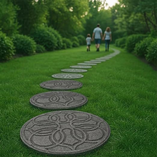 Tierra Verde Pendant Round Rubber Stepping Stones, Grey, 18 x 18 In, 4-Pack | Reversible 2-in-1 Design, Non-Slip Textured Surface, Impact-Absorbing, Easy Install, No Maintenance, for Walkways & Yards