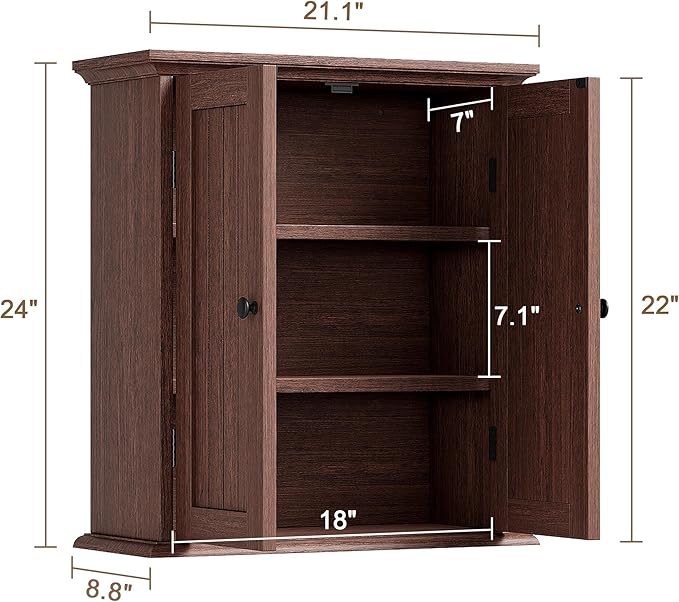 ChooChoo Bathroom Wall Cabinet, Over The Toilet Space Saver Storage Cabinet, Farmhouse Medicine Cabinet with 2 Doors and Adjustable Shelves, Cupboard, Walnut