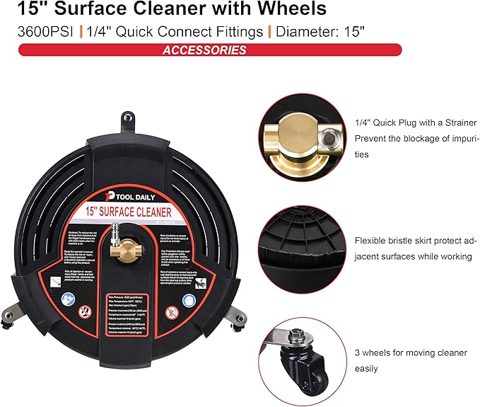 Tool Daily 15 Inch Pressure Washer Surface Cleaner with 3 Wheels, 2 Extension Wands, Surface Cleaner for Pressure Washer Attachment for Concrete, Driveway, Sidewalk, Patio, 3600 PSI