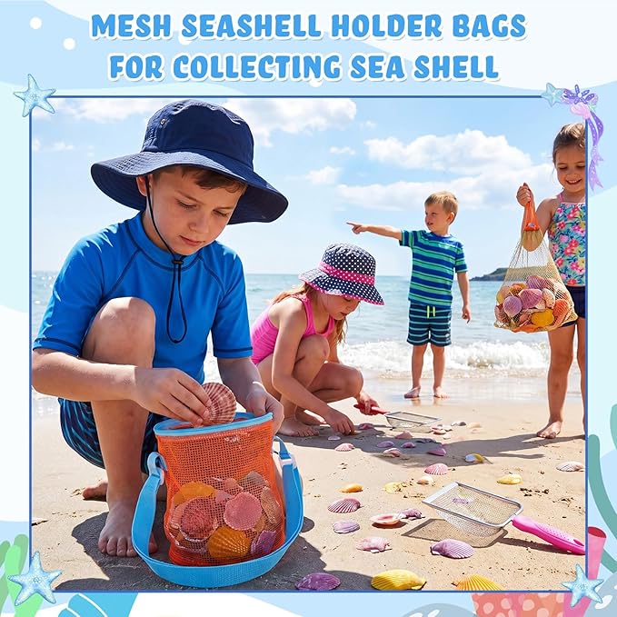 8 Pcs Sand Sifter with Shelling Bags for Beach Mesh Shovel with Mesh Bag for Shell Collecting Shark Tooth Sifter Filter Sand Scooper for Picking up Shells Beach Essentials Vacation Tools