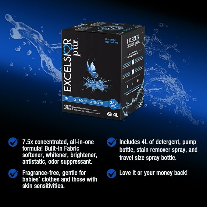 Excelsior Pür HE Laundry Detergent Liquid 7.5x Fragrance Free Concentrated 333 Loads 4 Liter W/Natural Stain Remover, High Efficiency Washing Detergent Laundry Soap Works In All Washers Unscented