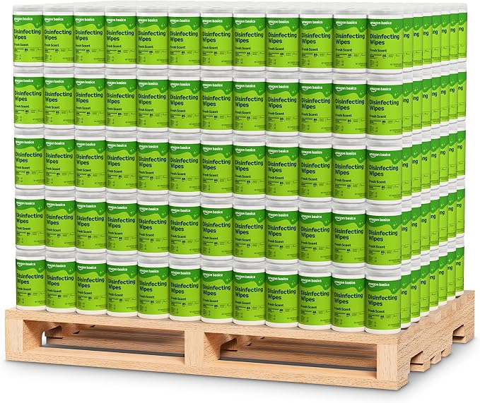 Amazon Basics Disinfecting Wipes, Fresh scent, Sanitizes, Cleans, Disinfects, Deodorizes, 85 Count: Pallet of 480 (80 x 6-pack), Packaging May Vary