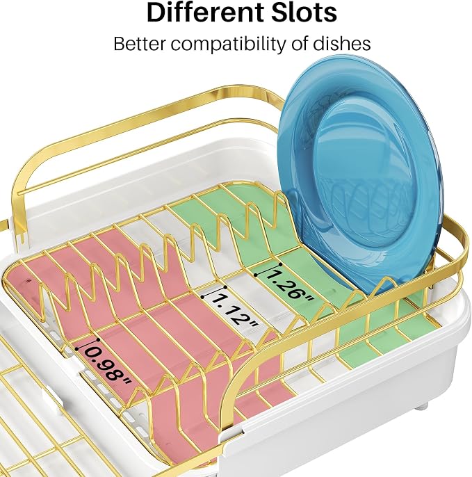 SNTD Dish Drying Rack, Expandable Dish Rack for Kitchen Counter, Stainless Steel Dish Drainer with Drainboard Set and Utensil Holder (Gold)