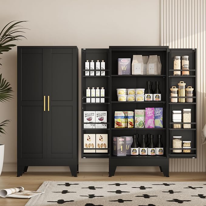 GAIOUS Metal Kitchen Pantry Cabinet, Food Storage Cabinets Black Cupboard | Storage Cabinet with 2 Door and 3 Adjustable Shelves, Freestanding Steel Sideboard, with Door Shelf, for Kitchen Dinning Room