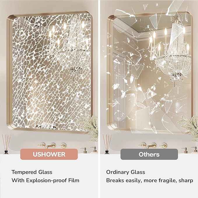 USHOWER Gold Bathroom Mirrors 24"x36" 2 Pack, Brushed Champagne Gold Rectangle Mirrors for Over Sink, Aluminum Frame, Anti-Rust, Tempered Glass, Horizontal or Vertical Mounted
