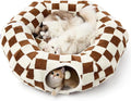Lesure Large Cat Tunnel Bed - Cute Donut Bed for Indoor Cats with Washable Circle Cushion, Round Pet Peekaboo Cave Toy for Multi Kitten/Puppy/Rabbit, Large Brown Checks