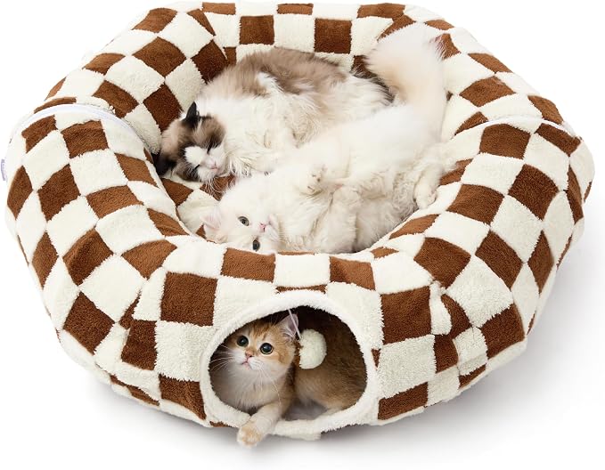 Lesure Large Cat Tunnel Bed - Cute Donut Bed for Indoor Cats with Washable Circle Cushion, Round Pet Peekaboo Cave Toy for Multi Kitten/Puppy/Rabbit, Large Brown Checks