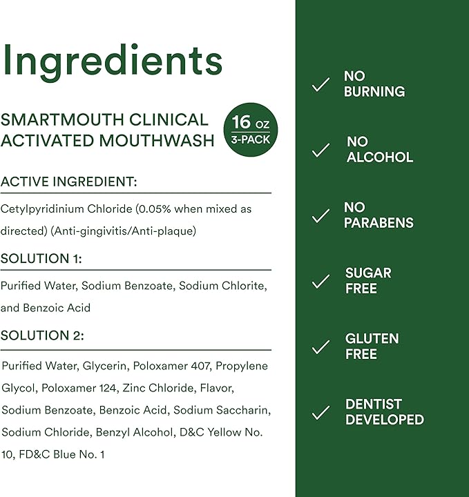 SmartMouth DDS Activated Clinical Mouthwash - for Fresh Breath - Clinical Strength Mouthwash for Gum Health, Gingivitis & More - Clean Mint Flavor, 16 fl oz (3 Pack)