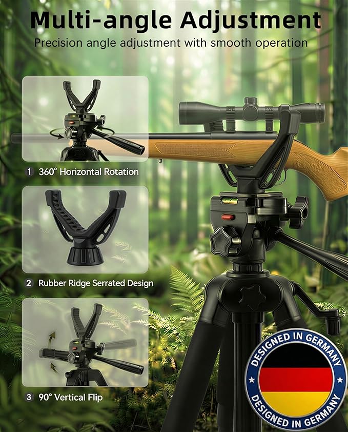 60"~63" Rifle Shooting Tripod, 360° V-Yoke Rest, 3D Pan Head for Hunting | 2.6lb Lightweight, Folds to 18". 360° V-yoke, 3/8 Thread, 1/4" QR Plate. Rubber feet, Wind Hook, Carry Bag, for Crossbow