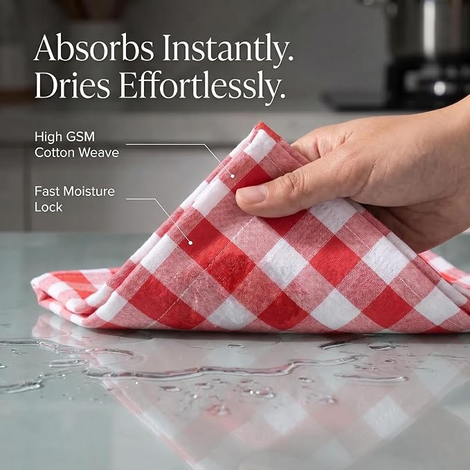 Urban Villa Kitchen Towels 100% Cotton Dish Towels for Kitchen (Set of 6) 20”x30” Dish Cloths Highly Absorbent Kitchen Linen Set with Hanging Loop Perfect for Drying Dishes Cleaning – Red White