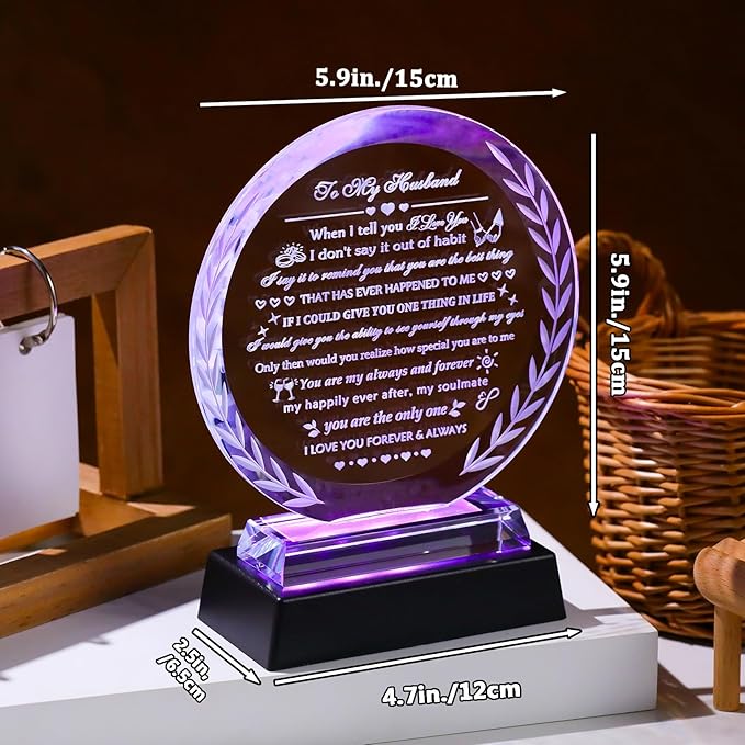 YWHL Gifts for Husband from Wife with Colorful LED Base Anniversary Birthday Husband Gifts Ideas to My Husband Crystal keepsake Best I Love You Gift for Him on Valentine's Day Fathers Day Christmas