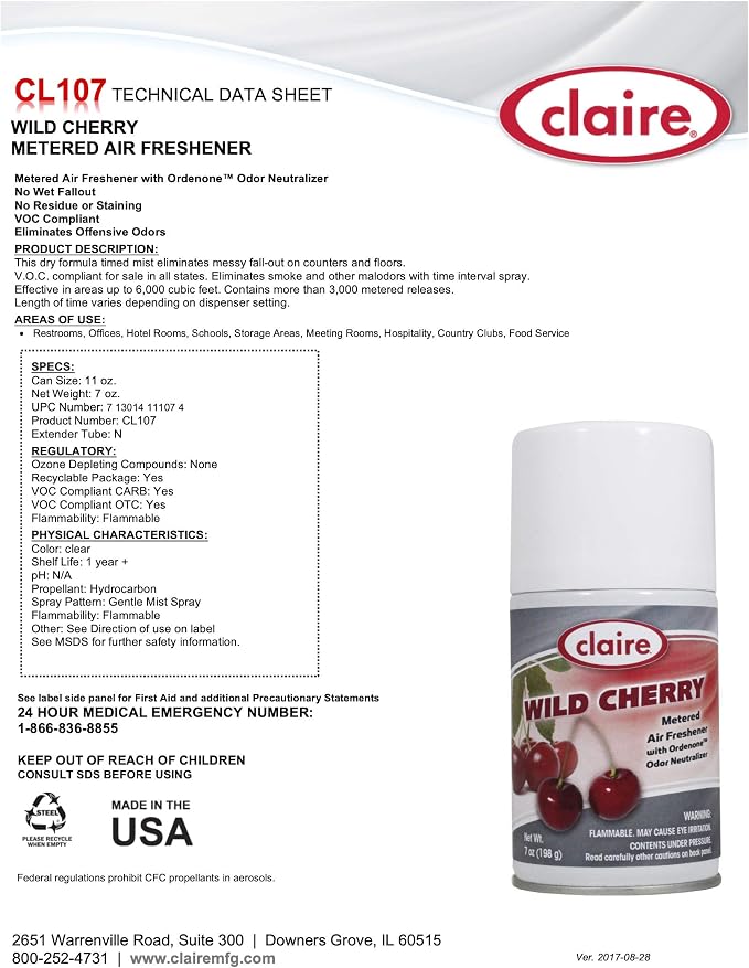 Claire CL107-12pk Wild Cherry Metered Air Freshener; 7 Oz. Net Wt.,12 Count