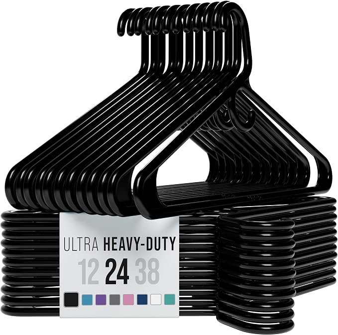 NEATERIZE Thick Heavy Duty Hangers - Black Plastic Clothes Hangers 24 Pack - Great for Coat Hanger, Jackets Jeans & Suit Hanger for Closet - New Apartment Essentials Percheros Ganchos para Colgar Ropa