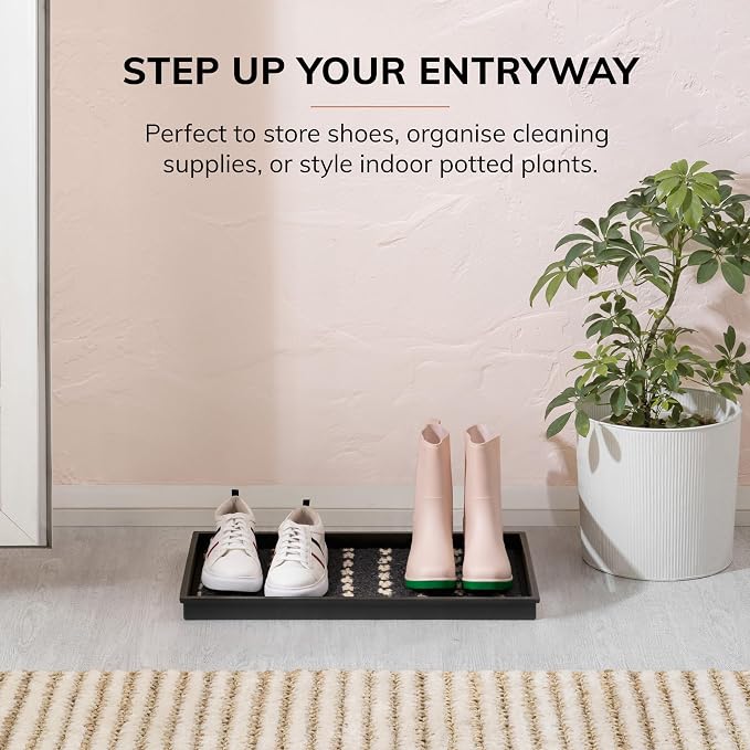 Anji Mountain Heavy Duty Waterproof Rubber Shoe Storage Mat Organizer/Boot Storage Tray Multi Use For Entryway with Coir, Gray and Ivory Insert, Fits 2 Pair (24.5" Wide)