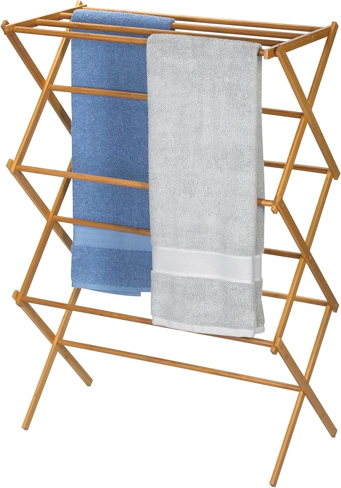 Household Essentials Bamboo Folding Clothes Drying Rack, Upscale Laundry Rack with 11 Dowels, Environmentally Friendly, Stable Frame, Shelf for Drying Flat