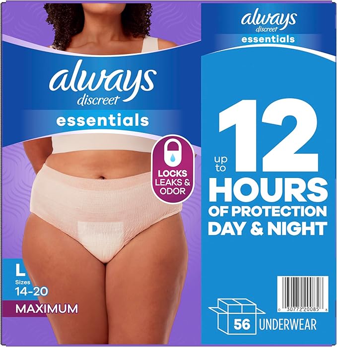 Always Discreet Essentials Adult Diapers for Women, Postpartum Essentials, Disposable Briefs, Unscented Incontinence Underwear Bladder Leak Protection, Size L, 56 Count