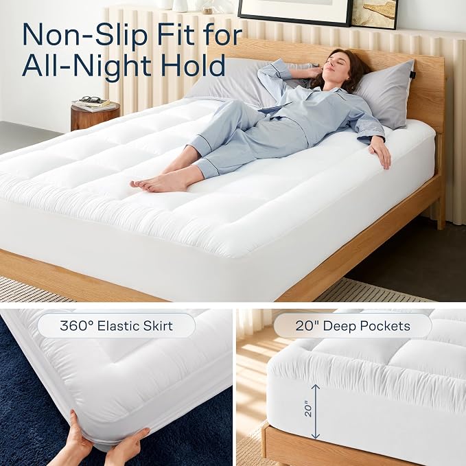 Niagara Sleep Solution Cloud-Like Queen Non-Slip Mattress Topper - 100% Cotton Top Mattress Pad for Back Pain Relief - Extra-Grip, Breathable & Naturally Cooling for Hot Sleepers, White