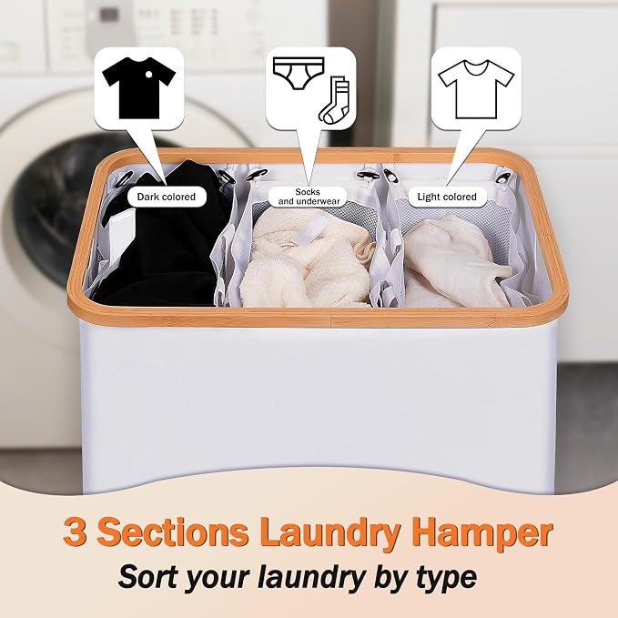 efluky Laundry Hamper with Lid, Trio Laundry Basket with 2 Removable Bags, 3 Section Laundry Bin with Bamboo Handles for Bathroom, Bedroom & Laundry Room, 160L (42.3 Gallon) White