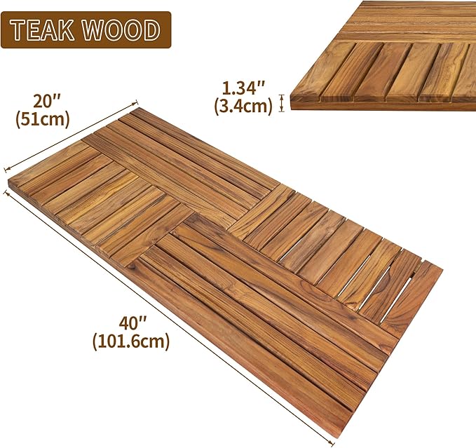 Utoplike Teak Wood Bath Mat, Extra Large Shower Mats for Bathroom 40 x 20in | with Non-Slip Pads, Wooden Floor Sturdy Mat for Inside Shower, Luxury Spa Home or Outdoor