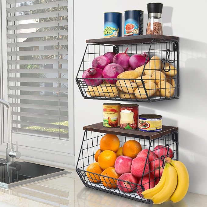 Mefirt 2pcs Fruit Basket Kitchen Storage Basket with Wood Lid, Stackable Wall Basket Fruit Basket for Kitchen, Countertop Organizer for Snack, Fruit and Veggie Storage, 11.8 x 7.9 x 8.5 Inch