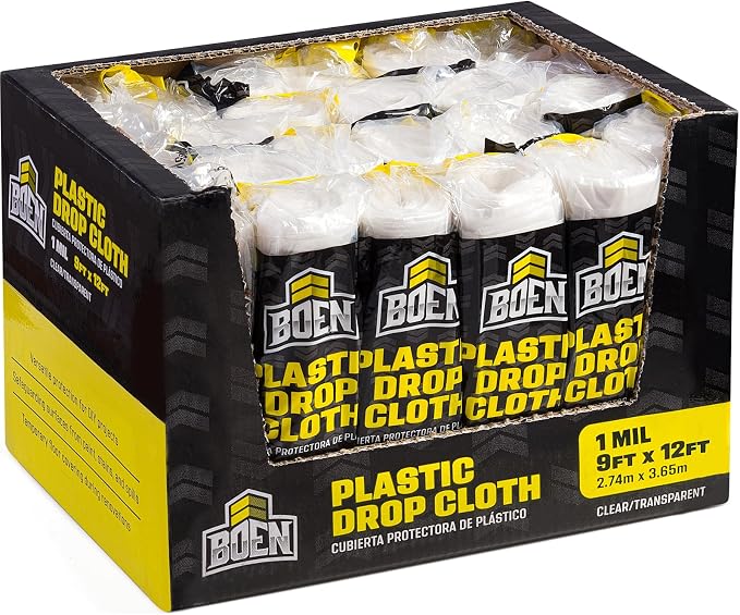 BOEN 9x12 Clear Plastic Drop Cloth – 24-Pack 1 Mil Painters Plastic Sheeting Roll – Waterproof Disposable Tarp for Painting, Furniture, Dust Protection & Window Insulation – Contractor-Grade Bulk Case