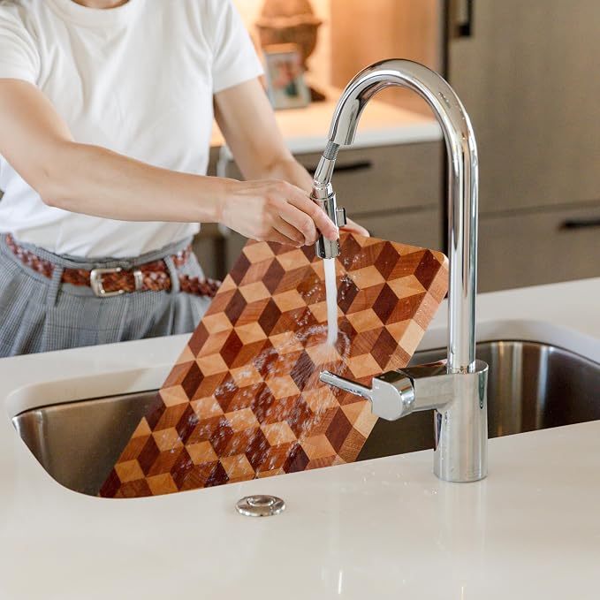 End Grain Wooden Cutting Board for Kitchen 15.5"x 11.5" - Walnut Hardwood Chopping Block with Non Slip Grips - Ideal for Charcuterie & Meat Butcher - Handmade 3D Design Wood (1.1'' Thick, Large)