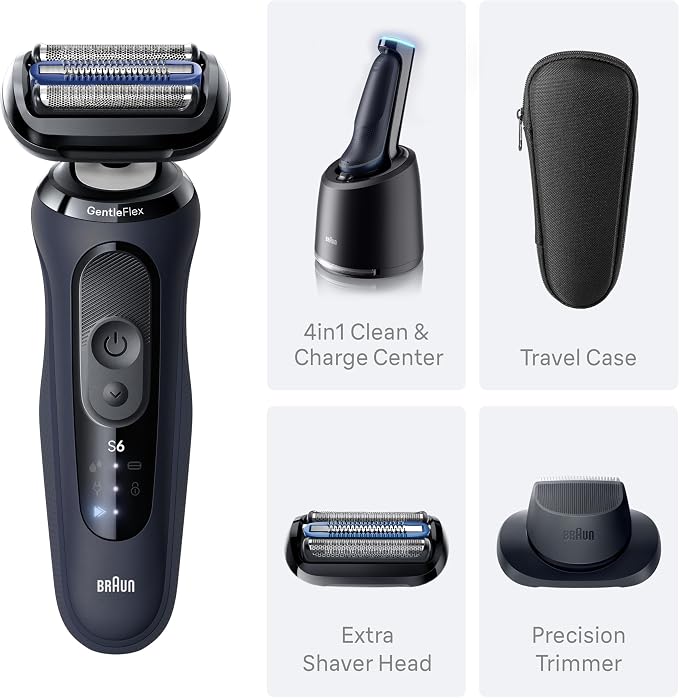 Braun Series 6 Electric Shaver for Men, Wet & Dry Foil Razor, 4-in-1 SmartCare Clean & Charge Center, Precision Trimmer Attachment, Replacement Shaver Head, Travel Case, Dark Blue 6177ps