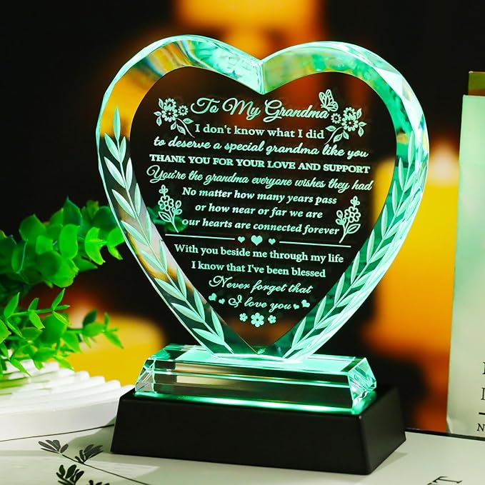 YWHL Gifts for Grandma from Granddaughter Grandkids, Great Grandma Birthday Gifts with Colorful Light Base, Crystal Keepsake Gift Ideas for Grandmother on Christmas Mother's Day