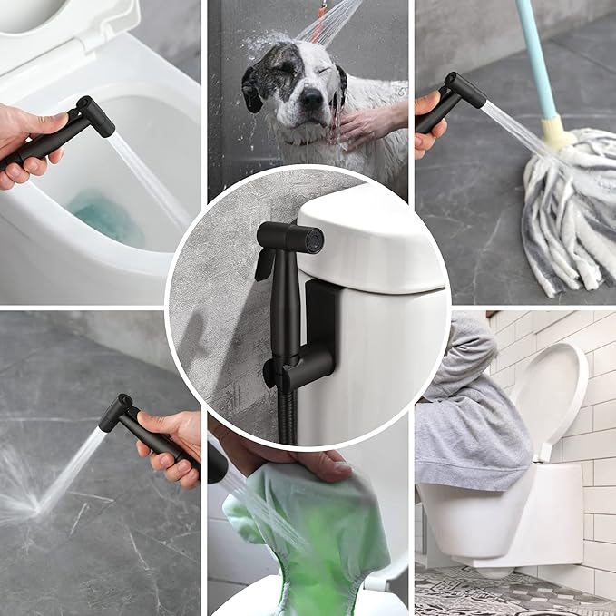 SHAMANDA Handheld Bidet Sprayer for Toilet, Stainless Steel Baby Cloth Diaper Sprayer Kit, Bathroom Toilet Bidet Attachment Set for Bathing Pets Feminine Hygiene, Matte Black BDS01-7