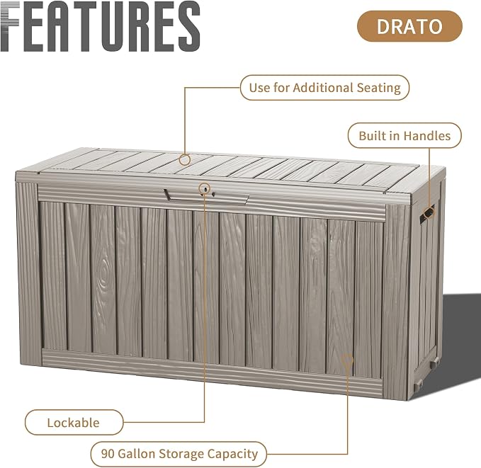 DRATO 100 Gallon Deck Boxes Outdoor Waterproof Storage Box with Wheels | Lockable Weatherproof Resin Outside Patio Storage Box for Backyard Furniture Pool Supplies Garden Tools, Grey